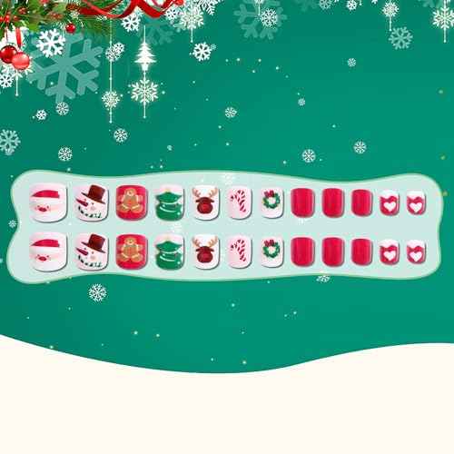 Kids Press on Nails Children Fake Nails 72PCS Artificial Nail Tips Adhesive Full Cover Short False Fingernails for Girls Kids Nail Decoration (Golden Christmas Snow)
