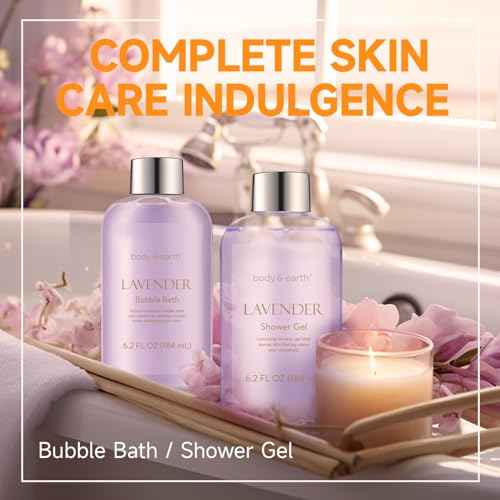 BODY & EARTH Bath and Body Gift Set - Luxurious 6 Pcs Bath Kit for Women, Relaxing Spa Set with Lavender Scent, Perfect Birthday Gift Set for Women Includes Bubble Bath, Shower Gel, Body Lotion