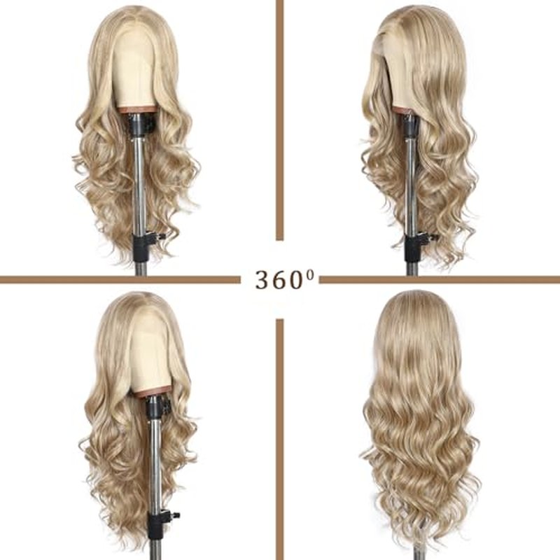 SAPPHIREWIGS Ash Blonde Lace Front Wig 13x4 Synthetic Lace Front Wigs Pre Plucked Highlight Milk Tea Blonde Glueless Long Wavy Wigs for Women Daily Party Use 26 inch