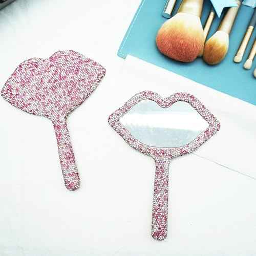 Rhinestone Mirror Handheld Lip Lash Mirrors Sparkle Travel Makeup Mirror with Handle Cosmetic Dazzling Portable for Women, Pink