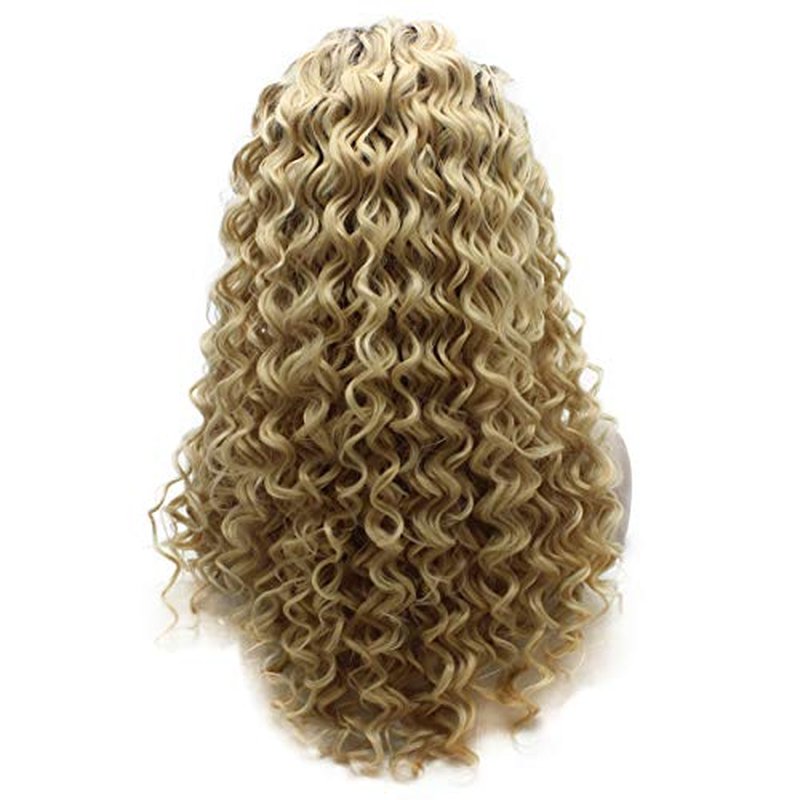 MX angel Long Dark Roots Blonde Curly Lace Front Synthetic Wig Heat Resistant Fiber Hair Natural Wig