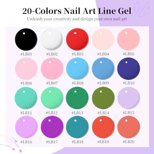 JODSONE Gel Polish Nail Art Gel Liner Set 20 Colors Red Pink Blue Purple with Thin Brush Need U V Lamp Cured Gift for Girls at Home Salon Design