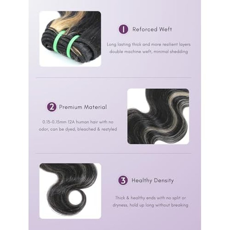 Black With Blonde Highlight Body Wave Single Bundles Human Hair 18 In, Blonde Highlight Skunk Stripe Bundles Thick Track Sew In # F1B/613 Ombre Balayage Colored Brazilian Quick Weave Sew In Remy