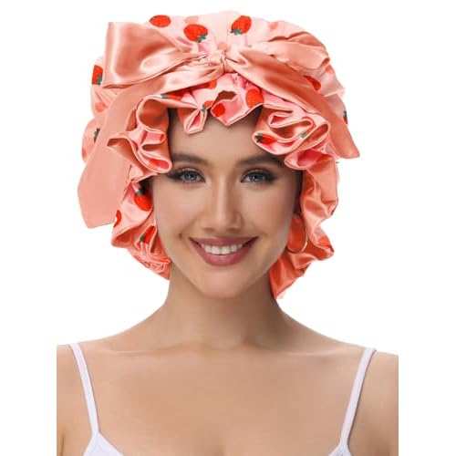 Silk Bonnet for Sleeping Women, Satin Hair Shower Cap 2025 Tie Band Adjustable Straps Head Wrap for Curly Hair Strawberries F