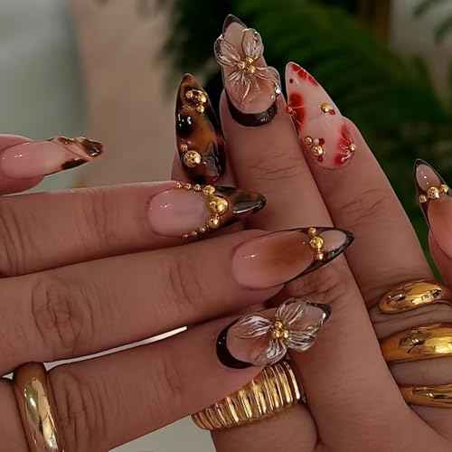 Medium Almond 3D Brown Gold Flower Press on Nails-? Tortoiseshell Leopard French Tip Blossom Gradient Design,24Pcs Handmade Fall/Autumn/New Year Glue on Acrylic Fake Nail Press ons for Women