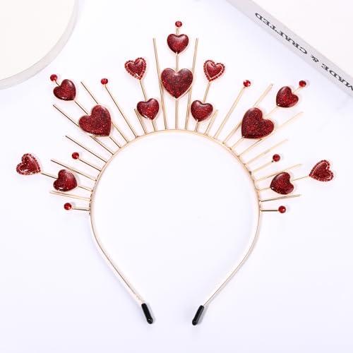 Valentines Day Heart Headband for Women Girls Red Hearts Crown Tiara Hairband Headpiece Halloween Cupid Costume Festival Carnival Holiday Party Favors