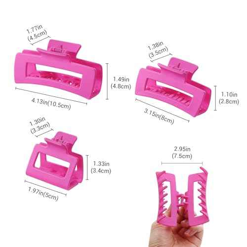 Shinowa Hair Claw Clips, 3 Pieces Leopard Print Claw Clip, Strong Hold Hair Jaw Clips for Thick Hair, Hair Accessories for Women Girls, Rose Red