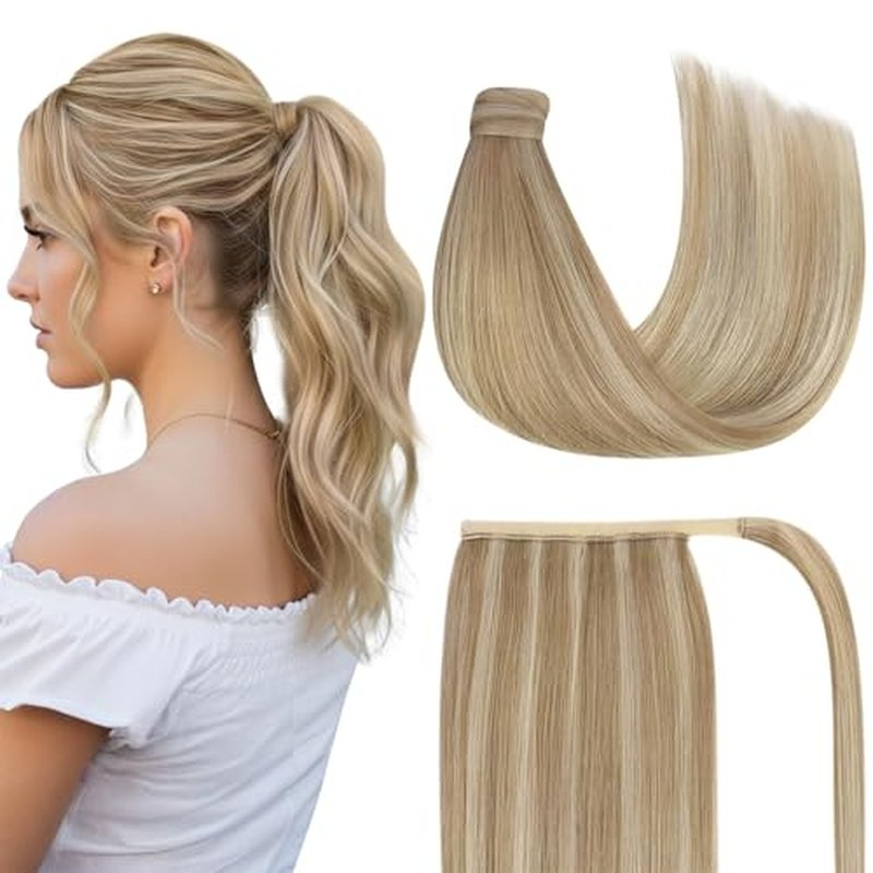 Ve Sunny Ponytail Extension Real Human Hair for Women Clip in Ponytail Hair Extension Straight Hair Pieces Wrap Around Dark Ash Blonde Highlights Golden Blonde 14inch 80G