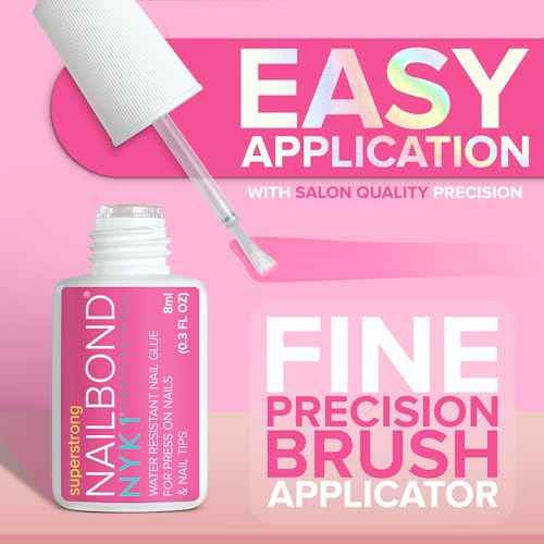 Super Strong Nail Glue for Press On Nails, Nail Tips & Acrylic Fake Nails (8ml) NYK1 NailBond Brush On Glue for Press Ons, Tips & Acrylics - Long Lasting, Maximum Strength, Mess-Free Application