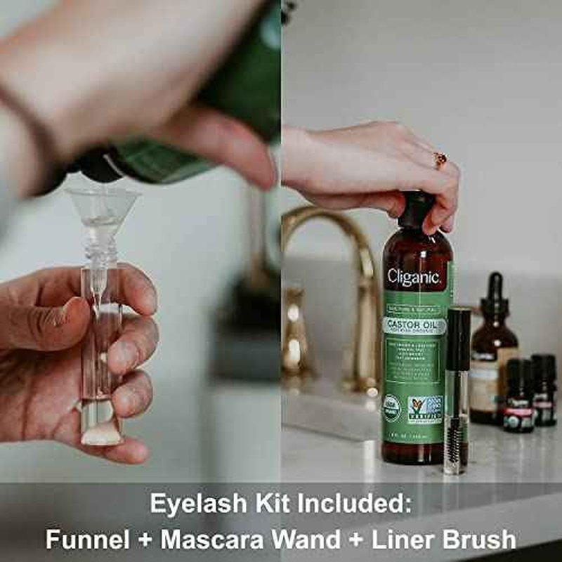Cliganic Organic Castor Oil, 100% Pure (6oz with Eyelash Kit) - For Eyelashes, Eyebrows, Hair & Skin