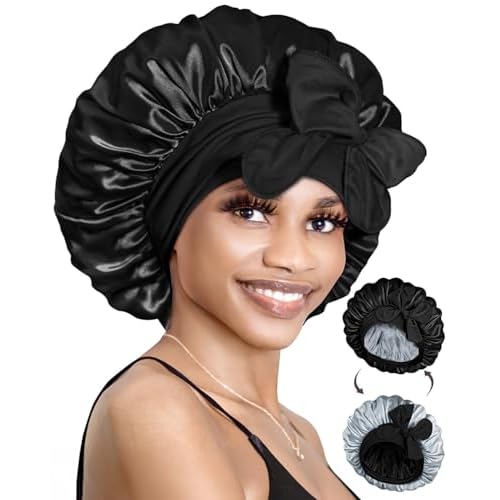 BONNET QUEEN Silk Bonnet for Sleeping Satin Bonnet with Tie Hair Wrap Double Layer Sleep Cap for Women Curly Hair, Black Silver