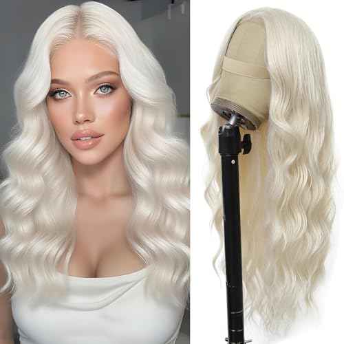 Platinum Blonde Wig for Women, 4x1 Lace Hairline Long Wavy Middle Part Heat Resistant Synthetic Wigs for Daily Party - 24 Inch