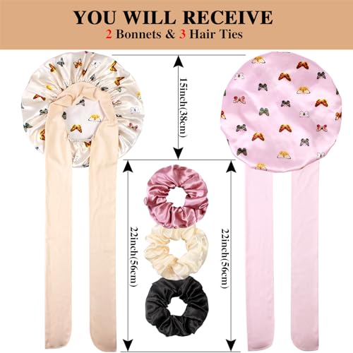 2+3 Large Satin Bonnets with Scrunchies for Women, Hair Bonnet Sleeping Tie Bonnet for Braids Curly Hair