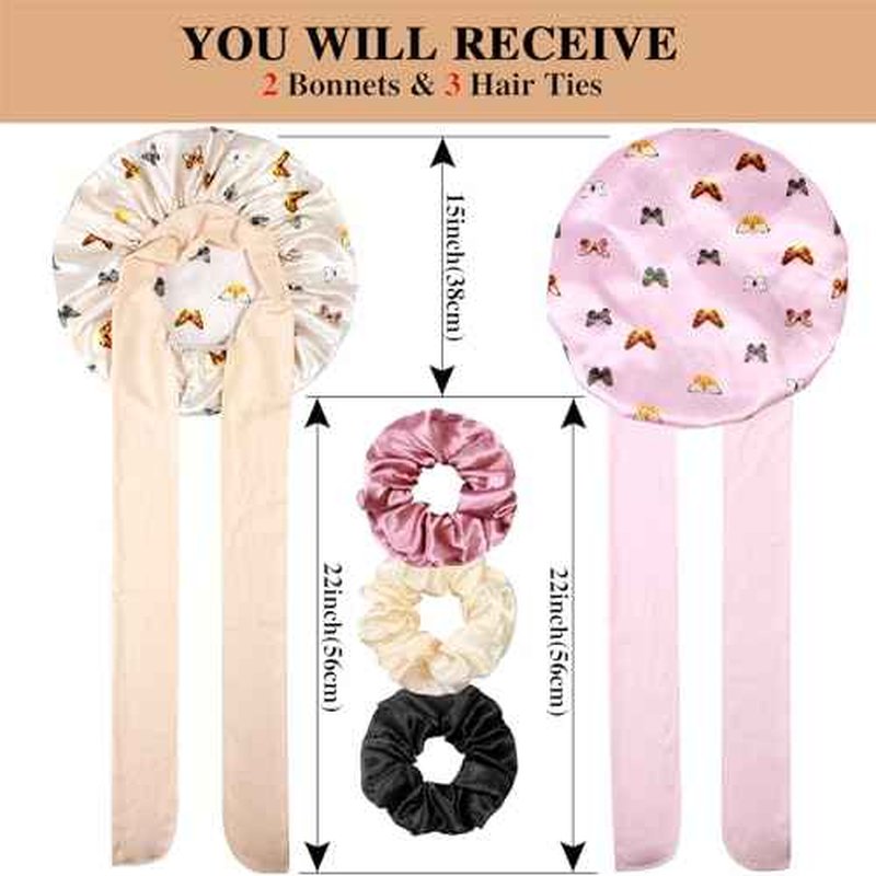 2+3 Large Satin Bonnets with Scrunchies for Women, Hair Bonnet Sleeping Tie Bonnet for Braids Curly Hair