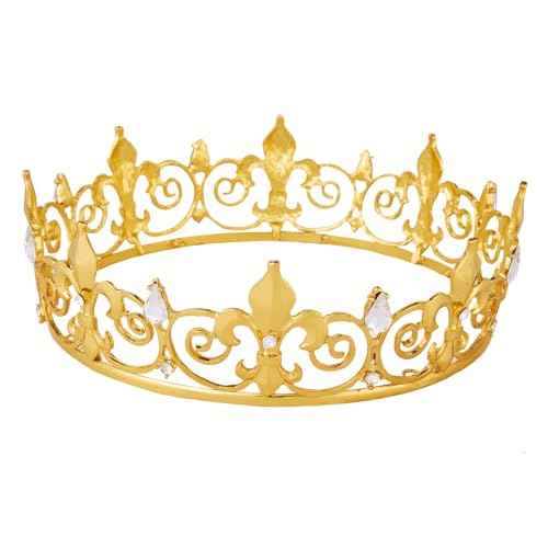 King Crown for Men - Vofler Gold Prince Mens Kings Queen Costume Crowns Royal Medieval Fleur De Lis Metal Headband Cake Topper for Adult Boy Bachelor Homecoming Birthday Prom Halloween Party Golden