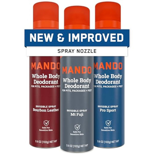 Mando Whole Body Deodorant For Men - Invisible Spray Deodorant - 72 Hour Odor Control - Low Irritation Formula - Aluminum Free, Benzene Free - 3.6 ounce - 3pk - Bourbon Leather, Mt Fuji, Pro Sport