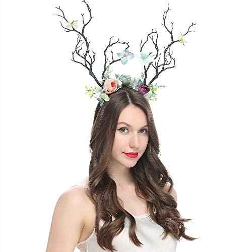XIDAJIE Deer Antler Flower Crown Headbands Halloween Chritmas Long Antler Flower Branches Headband Props Horns Headpieces Hair Band Photo Shoot Forest Goddess Headdress Headwear, Navy
