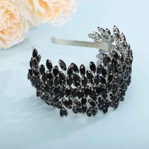 Sither Bridal Crystal Headband for Wedding Party Large Black Crystal Hair Band Headpiece Hair Accessories for Bride Hair Clips for Prom Party Gift(black)