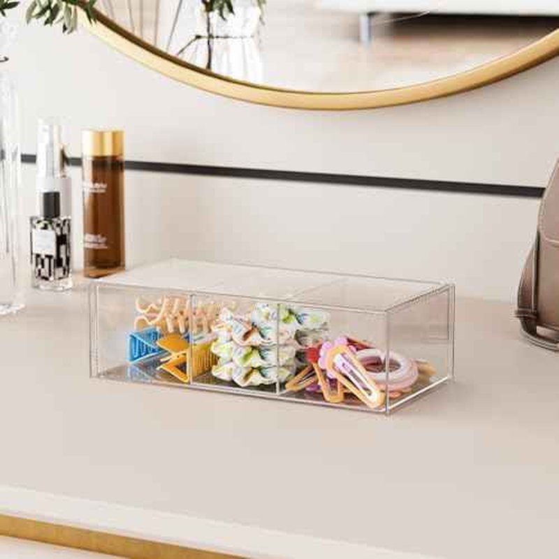 Hair Accessories Organizer for Girls, Clear Acrylic Hair Bow Tie Clip Scrunchie Holder with Removable Divider, Cute Small Stackable Storage Drawer Container Caddy Box for Bathroom Vanity Countertop