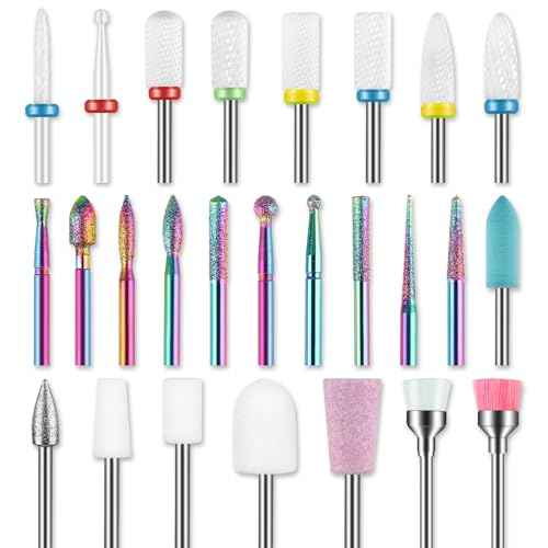 26pcs Nail Drill Bits Set, 3/32inch Professional Ceramic Safety Bits for Nail Drill, Cuticle Efile Nail Drill Bits, Remover Bits for Acrylic Gel Nail Tech Manicure Pedicure, Home Salon