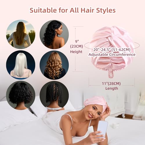 Adjustable Silk Satin Hair Bonnet for Sleeping Women, Double Layer, Silk Hair Wrap for Sleeping Women Men, Curly Natural Braid Straight Unisex - Pink