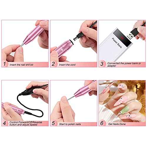 Electric Nail Drill,USB Electric Nail Drill Machine for Acrylic Nail Kit,Portable Electric Nail File Polishing Tool Manicure Pedicure Kit Efile Nail Supplies for Home Salon,Pink