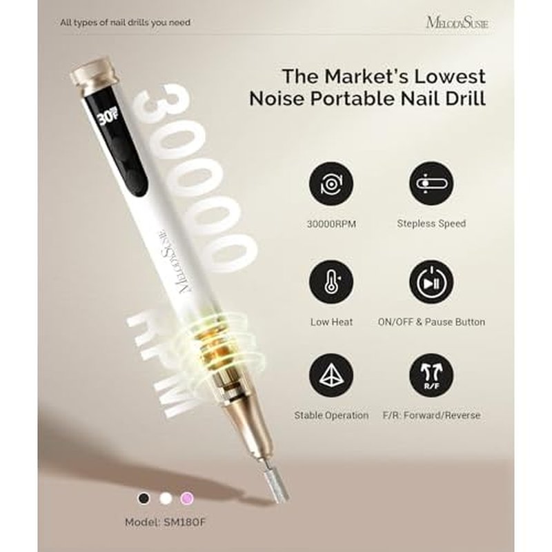 MelodySusie Pen-Shaped Cordless Nail Drill with Adjustable Stepless Speed,SM180F 30000RPM Portable Rechargeable E-File with LED Display for All Manicure Shaping & Acrylic Gel Removal for Pro at Home