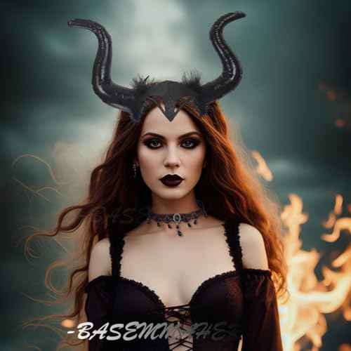 Devil Horns Headband with Lace Choker Gothic Necklace for Women Halloween Black Cosplay Horn Hair Hoop Dress Up Hair Accessories for Carnival Party Medieval Costume Headpieces