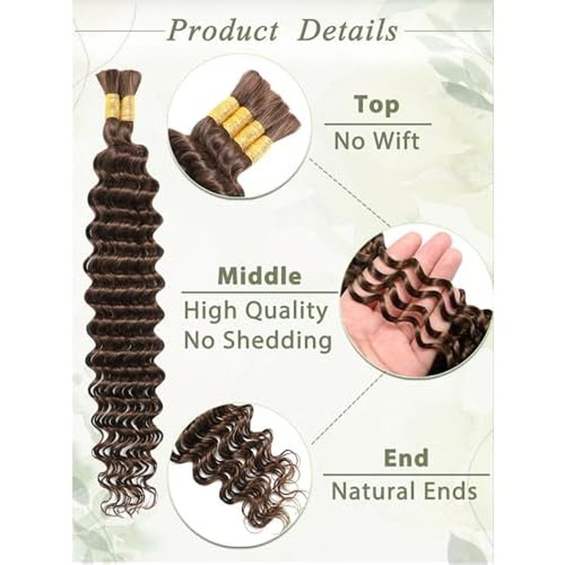 Chocolate Brown Human Braiding Hair 18 Inch 100 g 4 Bundles Deep Wave Bulk Human Hair for Braiding 10A Curly Human Hair Extensions for Boho Braids Wet and Wavy Color 4