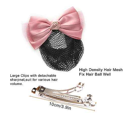 2pcs Hair Snood Net Barrettes with Bowknot Hair Clips with Thin Mesh Bun Cover for Women Ladies (Pink+Black)