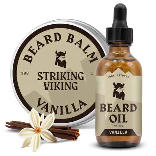 Striking Viking Beard Oil and Balm - Leave in Beard Conditioner - Tames, Styles, Softens, and Moisturizes Beards and Mustache - Made with All Natural and Organic Argan and Jojobo Oils, Vanilla