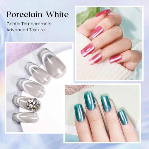 MIZHSE Cat Eye Gel Nail Polish: 8 Colors Ceramic Magnetic Gel Polish Set with Magnet Stick, Crystal Glass Pink Green Blue Spring Colors Smoothie Nail Gel Soak Off UV/LED Nail Art Salon Home Gift