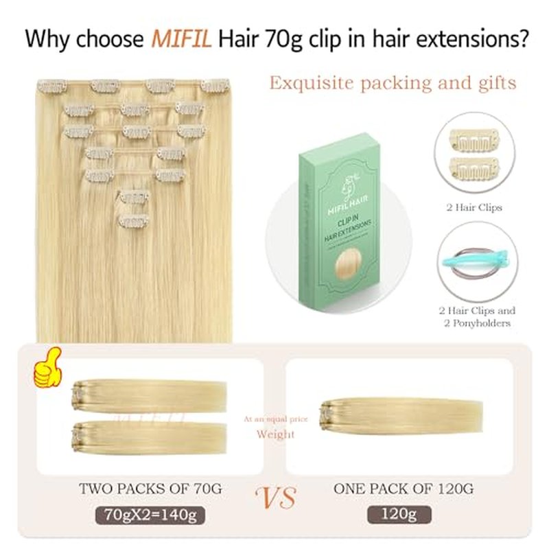 Human Hair Clip ins 16 Inches Human Hair Extensions Bleach Blonde Hair Extensions Human Hair 70g 7Pcs Remy Human Hair Extensions(16inch,7pcs, 70g)