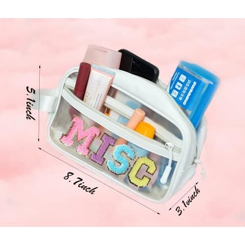 COSHAYSOO Clear MISC Makeup Bag Miscellaneous Stuff Organizer, Small Preppy Chenille Letter Patch Cosmetic Zipper Pouch, Toiletry Make Up Travel Purse Gifts for Teen Girls Women Daughter Sister
