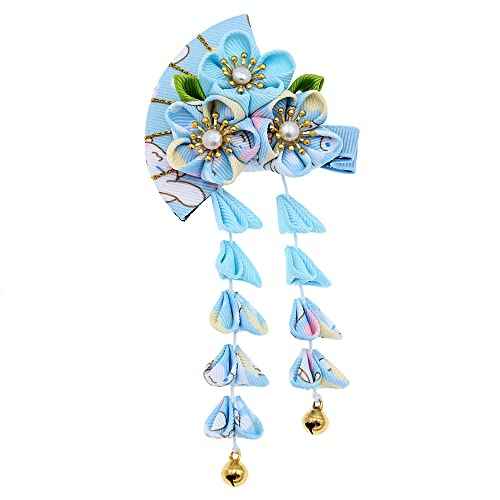 Japanese Style Women Flower Hair Clip Tassel Hair Ornament, Kimono Decor Fabric Hanfu Hairpin Accessories For Christmas Party Costume Gift (Light blue)
