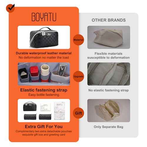 BOYATU Travel Makeup Bag Organizer Cosmetic Bag: 3 Pcs Set Make up Bags for Women with Handle - Waterproof Vegan Leather Toiletry Bags Travel Essentials Pouch with Compartments (01-Black)