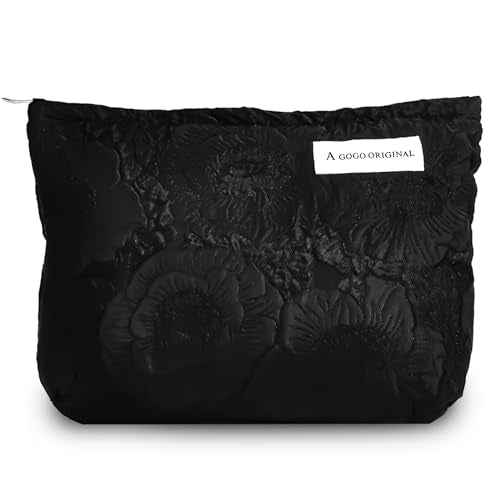 Makeup Bag Cosmetic bag Preppy Embroidery Canvas Toiletry Bag for women Cute zipper pouch Organizer Travel accessories (Pure Black Embossing, Large)