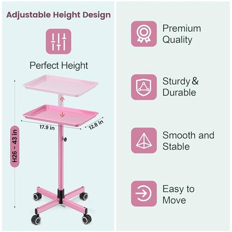 Rolling Salon Tray Tattoo Tray Salon Cart for Hair Stylist Salon Trolley Cart with Wheels Salon Rolling Tray-Pink