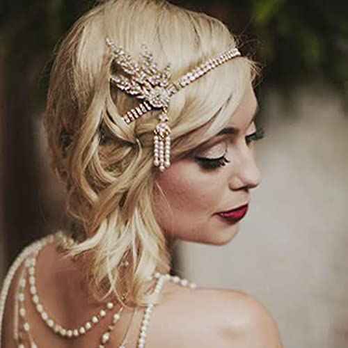GORTIN 1920's Flapper Headband Leaf Rhiestones Headpiece Pearl Tassel Headdress Bride Wedding Head Bands Bridal Flapper Hair Accessories Head Chain for Women and Girls (Gold)