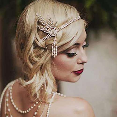 GORTIN 1920's Flapper Headband Leaf Rhiestones Headpiece Pearl Tassel Head Bands Bridal Flapper Hair Accessories Head Chain for Women (Sliver)
