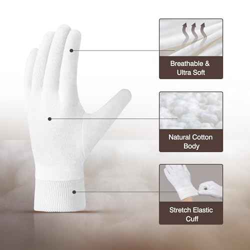 COOLJOB 4 Pairs Soft Moisturizing Cotton Gloves Set with Stretch Elastic Cuff, Overnight Lotion Sleeping Gloves for Dry Hands, Eczema Skin, Beauty Women SPA Essentials, Medium, White