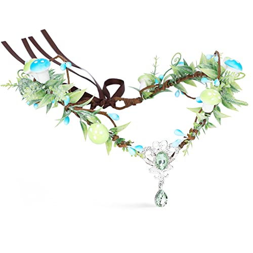 MOSTORY Cosplay Elf Crown V-shape Crystal Headband Woodland Forest Headpiece Mushroom Flower Hair Garland for Women Girls Wedding Bridal Easter Thanksgiving Christmas Costumes Aqua Green