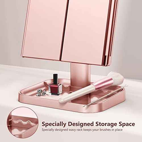 Makeup Mirror with Lights, 3 Color Lighting, Lighted Makeup Mirror, 10x 3X 2X Magnification, Vanity Mirror with 72LEDs, Touch Control, Dual Power Supply, Female Gift(Rose Gold)