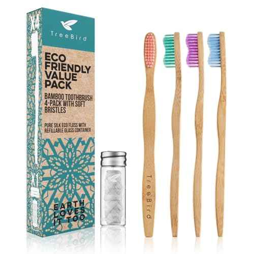 Bamboo Toothbrush 4-Pack & Compostable Silk Dental Floss with Refillable Glass Holder | Biodegradable Oral Care Set | Soft BPA-Free Bristles | Natural Eco-Friendly Gifts for Men & Women | Moso Handle