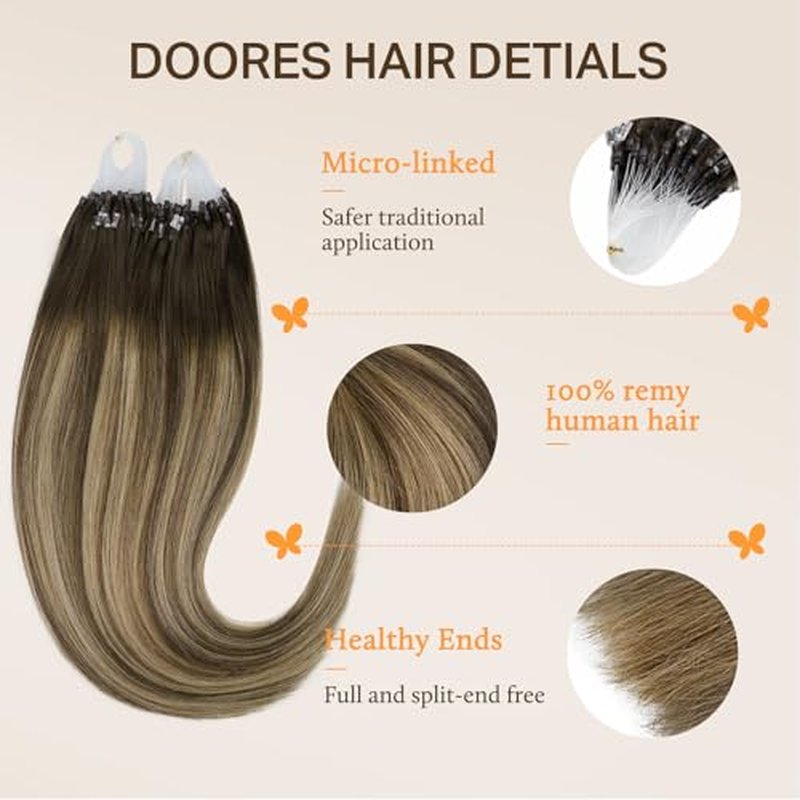 DOORES Micro Beaded Hair Extensions Human Hair extension, Balayage Chocolate Brown to Caramel Blonde 24 Inch 50g/50s, Micro Ring Hair Extensions Human Hair