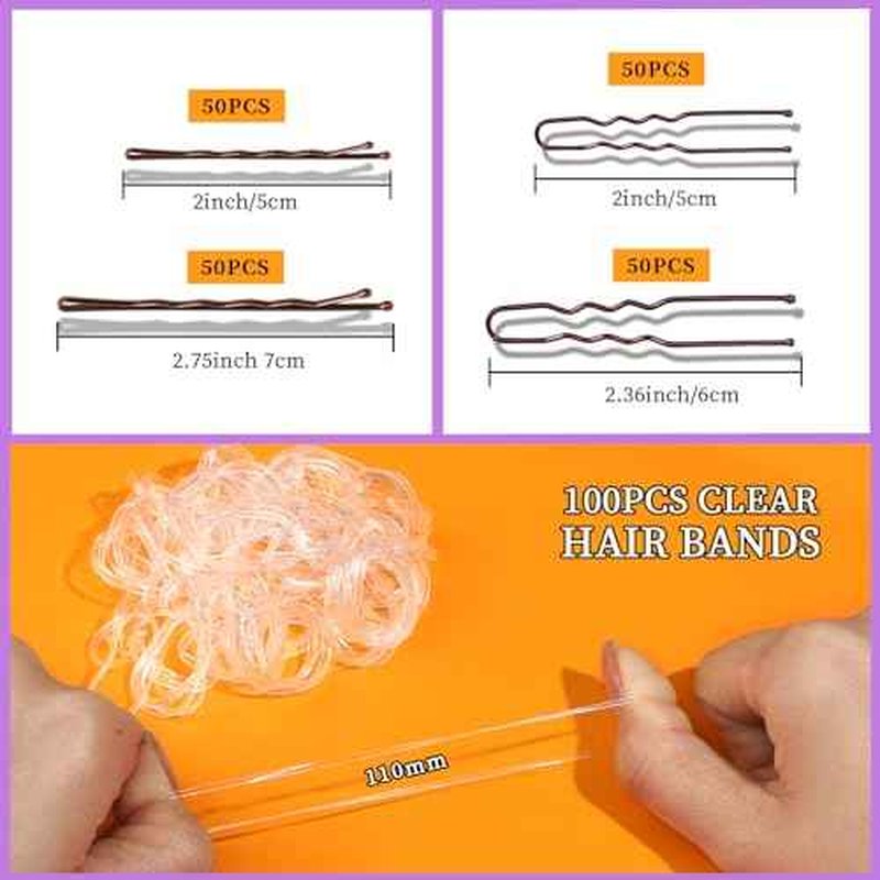 Teenitor 300pcs Bobby Pins Hair Pins Kit, 100 Hair Pin for Women 100 Bobby Pins Brown and 100 Hair Bands, Hair Pins for Buns 2inch 2.36inch 2.75inch