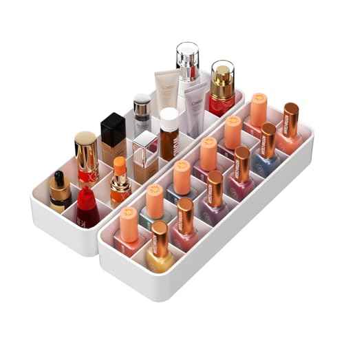 Organizer Holder for Lipstick Nail Polish: Lip Gloss Makeup Storage Drawer Organizers, Vanity Small Perfume Rack Plastic Tray Lipgloss Mascara Holders Stand Cosmetic Display Case 24 Spaces, White