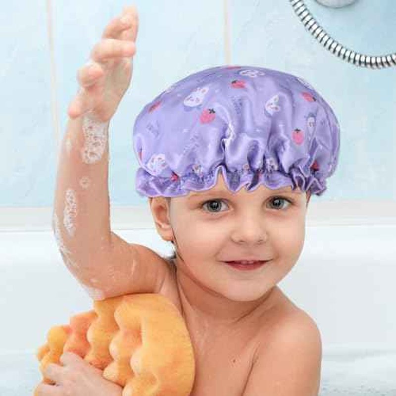 TIESOME Kids Shower Caps, 2 PCS Yellow & Purple Waterproof Double Layers Shower Caps Cute Rabbit Bonnets Elastic Band Bonnet Satin and Eva Soft Kids Sleeping Cap Reusable Shower Cap for Kids