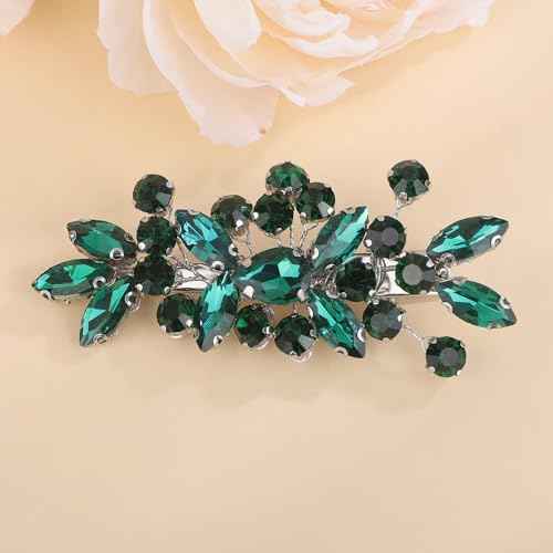 Teyglen Green Rhinestone Hair Clip Bridal Crystal Hair Barrette for Women Sparkly Hair Piece Wedding Hair Clips Hair Accessories for Women (Peacock green)