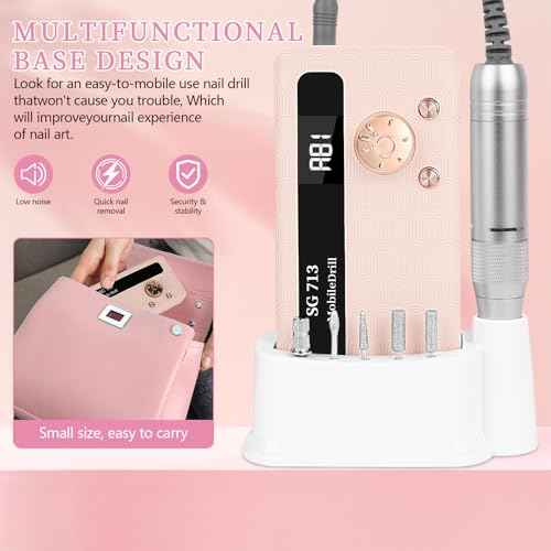 Electric Nail File Professional Kit - 45000RPM Portable Nail Drill Electric File with 11 Bits & Base?LED Screen?Ultra-Silent, Rechargeable Nail Drills Machine for Acrylic Nails Gel Polishing (Pink)